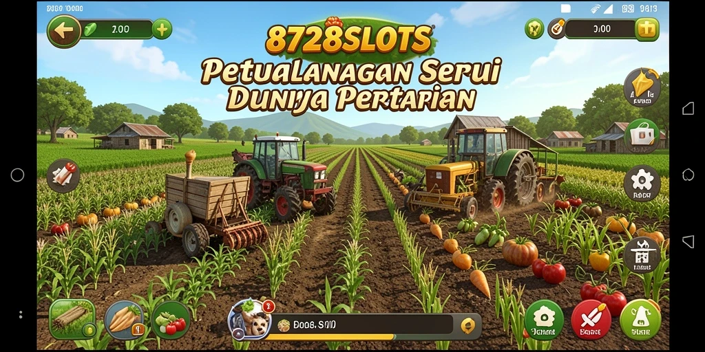 Tampilan gameplay 8728SLOTS dengan ladang yang subur dan aktivitas pertanian.
