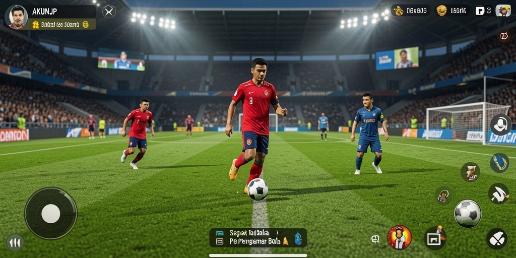 Tangkapan layar utama AKUNJP menampilkan aksi seru di lapangan sepak bola.