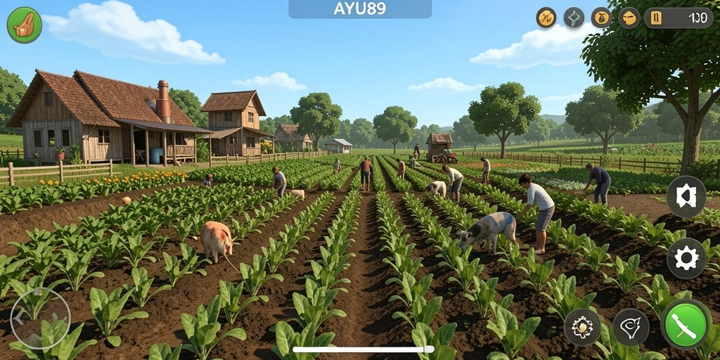 Screenshot dari gameplay AYU89 menunjukkan ladang yang indah dan subur.