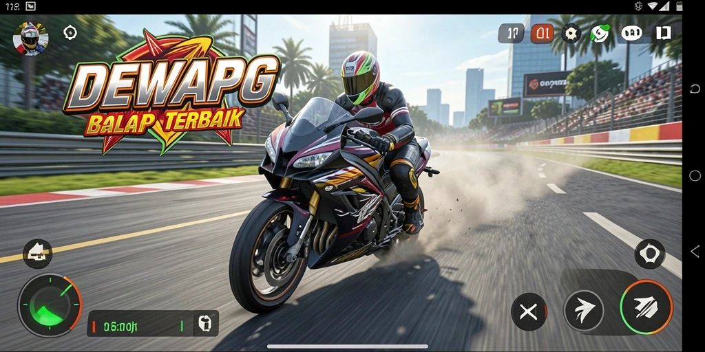 Screenshot utama DEWAPG menampilkan aksi balapan motor yang intens.