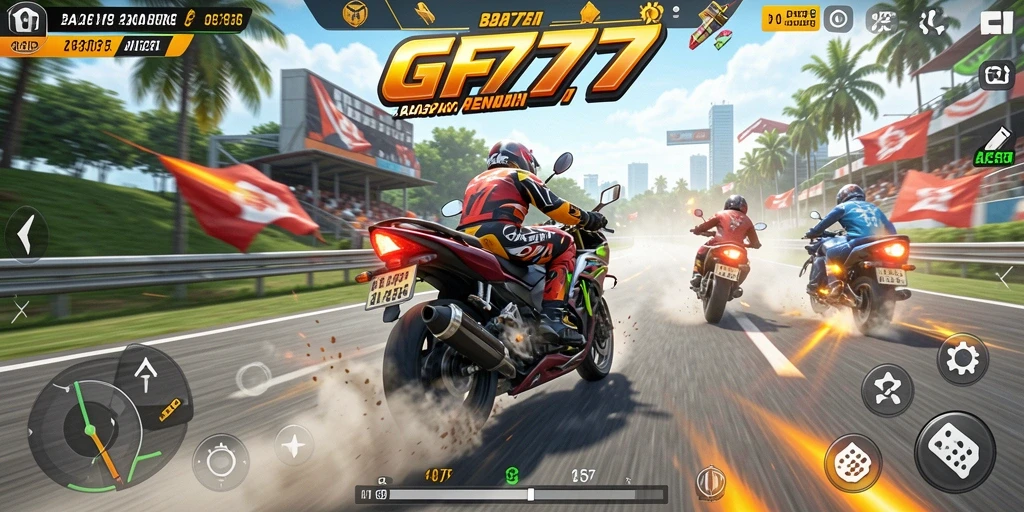 Tampilan gameplay GF777 menampilkan balapan motor yang seru dan penuh aksi.