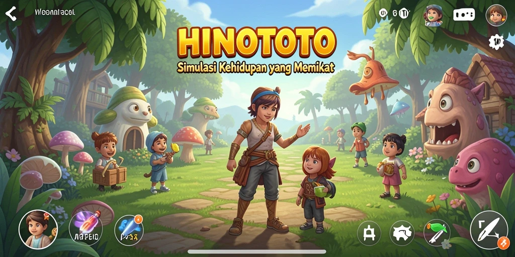 Screenshot HINOTOTO menampilkan karakter dalam berbagai aktivitas menarik.