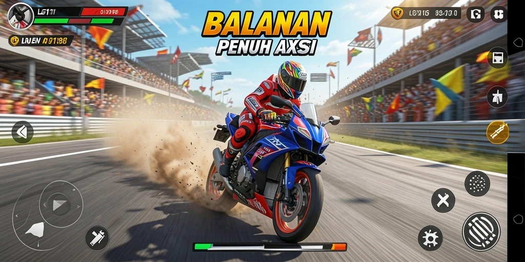 Tampilan gameplay LG111 dengan trek balapan yang seru dan motor cepat.