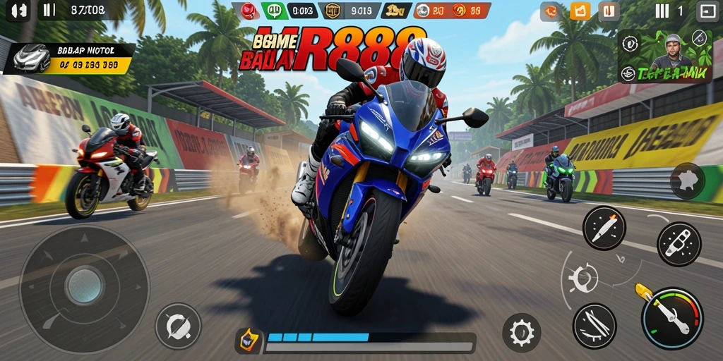 Screenshot gameplay MR888 menampilkan aksi seru balapan motor.