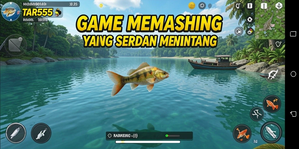 Screenshot gameplay TAR555 menampilkan aksi memancing yang mendebarkan.